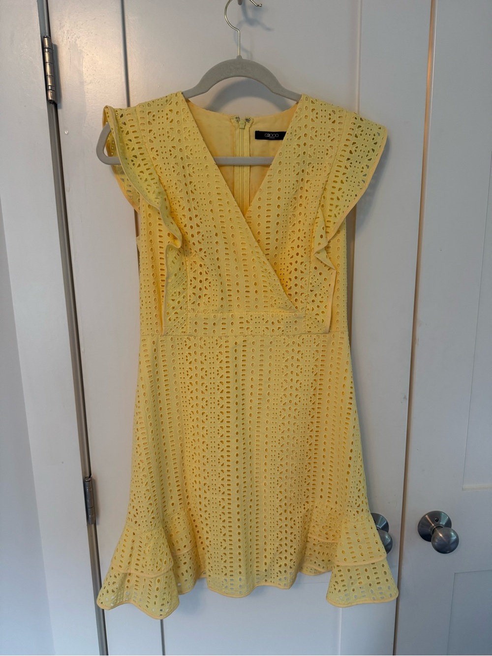 Eyelet Ruffle V-Neck Mini Dress in Yellow